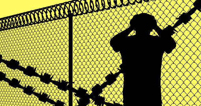 Illustrative image of man with head in hands standing in front of chainlink fence. International week of happiness at work, lost, trapped, sad, holiday and awareness concept.