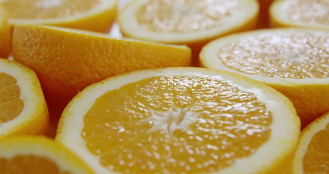 This close-up shows freshly sliced oranges with their vibrant color and juicy texture. Ideal for promoting healthy eating, vitamin C benefits, and refreshing beverages in cooking magazines, food blogs, and health food commercial advertisements.