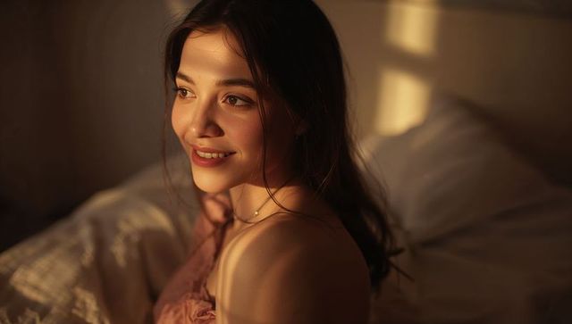 Sunlit young woman smiling on bed wearing pink camisole and necklace at golden hour