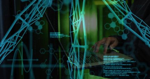 Korean man typing on laptop in dim lab with holographic DNA helix, code overlay and data visuals