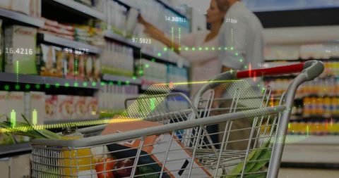 Grocery cart showcasing retail data analytics overlay for consumer shopping insight