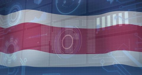 Costa rica flag waving over futuristic digital hud and circuit grid for tech branding
