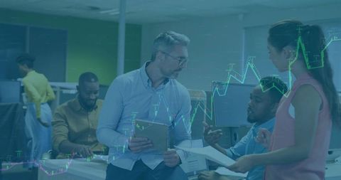 Team Collaborating Over Financial Analytics with Overlaid Stock Chart in Open Office