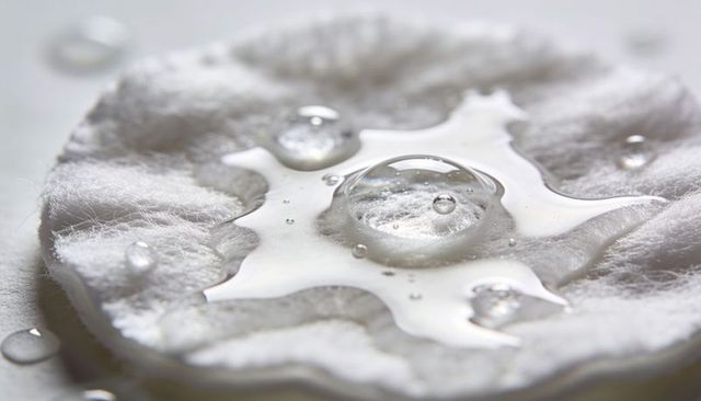 Macro cotton pad showing water droplet and soft fiber texture for skincare visuals