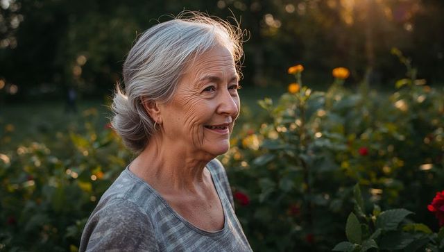 Senior woman enjoying golden hour in garden with silver hair and warm smile