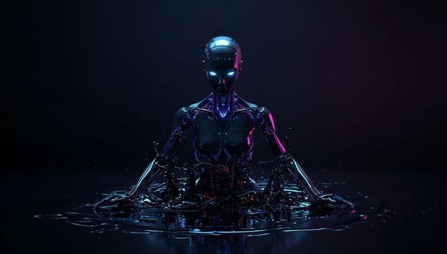 Futuristic humanoid android emerging from black liquid with neon cyan and magenta glow