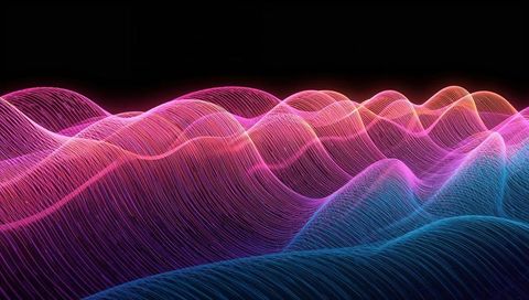 Flowing neon wireframe waves featuring iridescent gradient and glowing edges