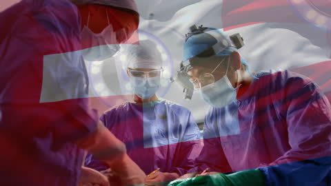 Multinational Surgical Team with Swiss Flag Overlay