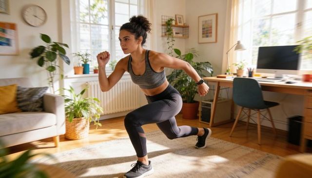 Young woman performing dynamic lunge workout in sunlit living room home gym