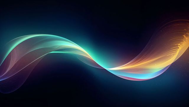 Translucent Light Ribbon Flowing on Dark Navy Backdrop with Neon Glow and Layered Gradient Waves