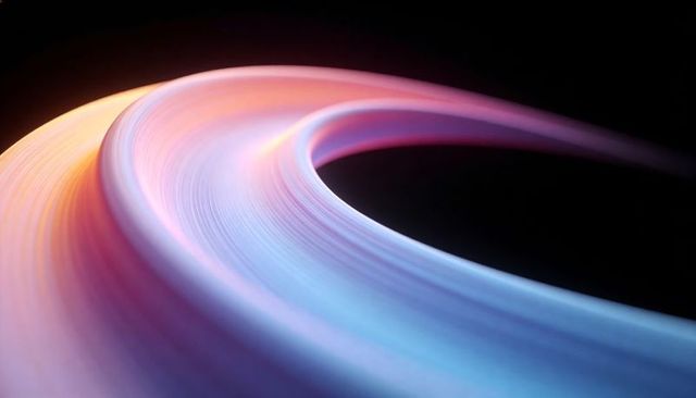 Glowing iridescent ribbon looping through dark void with neon gradient striations