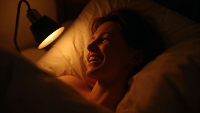 Woman smiling while reclining in warm bedside light at night, cozy intimate bedroom mood