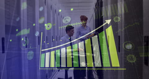 Engineers Analyzing COVID-19 Data in Server Room with Growth Chart Overlay