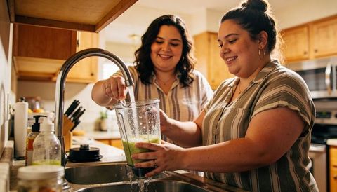 Smiling women rinsing blender together at sunlit kitchen sink, domestic teamwork moment