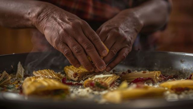 Senior cook preparing traditional tamales with masa and meat