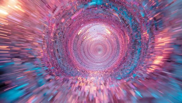 Futuristic vortex tunnel with radiant pastel pixel prisms