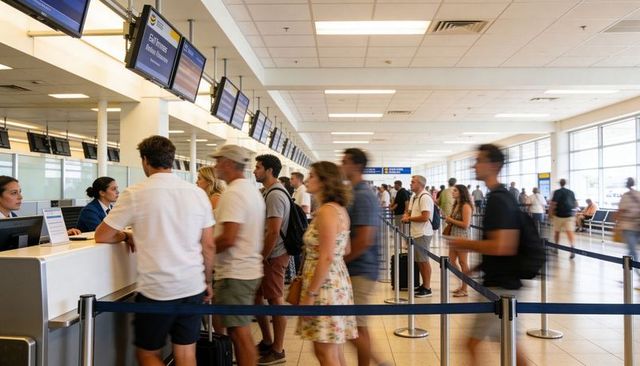 Summer travelers queuing at busy airport check-in counters showing passports