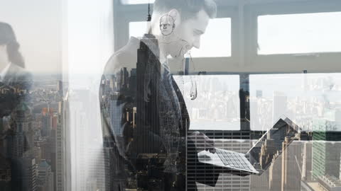 Digital Innovation: Business Team Overlapping Futuristic Cityscape