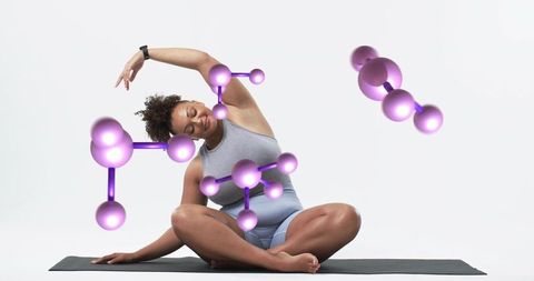 Seated side stretch with purple holographic molecules conveying balance and wellness