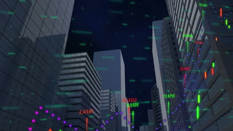 City Skyline with Data Displays Stock Market Analysis Overlay