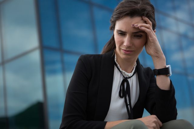 Depressed female executive sitting in office premises