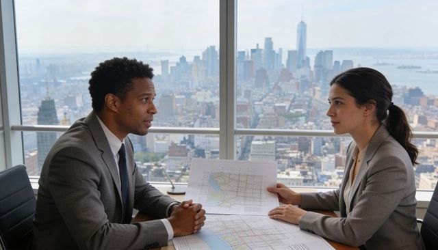 Two professionals meeting in high-rise office discussing city development map with skyline