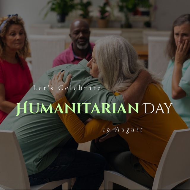 Multiracial people embracing in support group and let's celebrate humanitarian day and 19th august. Composite, text, togetherness, sad, memorial, recognition, sacrifice and humanitarian concept.