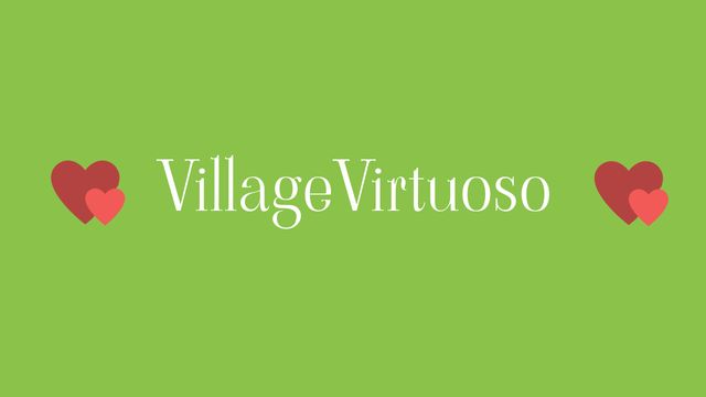 Logo featuring green background with two sets of hearts and the words 'Village Virtuoso' in the center. Ideal for promoting local talent, community pride, art festivals, and cultural events. Can be used for social media, flyers, and community websites.