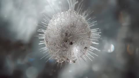 Rotating translucent spiky orb with filament lattice and drifting particles in soft bokeh