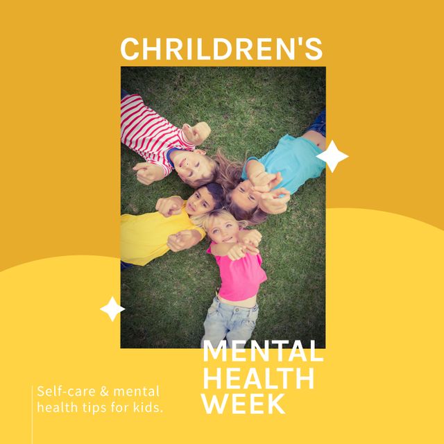 Image of children practicing yoga in a park, lying on grass reaching up. Promotes children's mental health week focusing on self-care and mental health tips for kids. Great for campaigns, educational materials, wellness programs, and community activities. Highlights importance of outdoor activities and mental well-being for children.