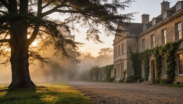 Misty morning at historic stone manor with ivy-covered facade and gravel driveway