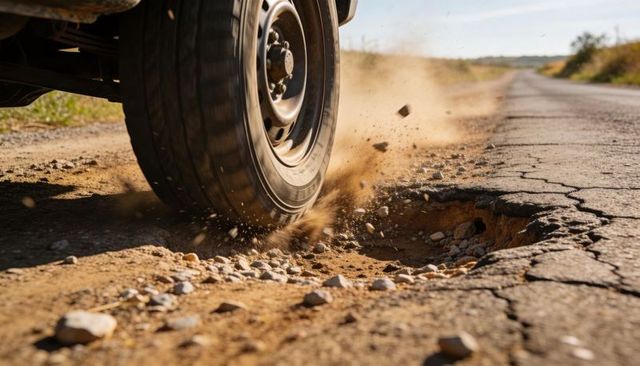 Closeup truck tire striking pothole on cracked rural road throwing gravel dust