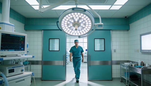 Surgeon walking through sliding or doors under led surgical light in sterile hospital
