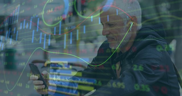 Senior man sitting outdoors using a mobile device to monitor stock market data. Transparent financial graphs and charts overlayed depict real-time market information. Perfect for depicting financial technology usage, modern investing habits, or illustrating senior citizens engaging with digital financial tools.