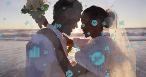 Sunset beach couple embracing, romantic wedding veil and bouquet with tech overlay