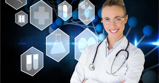 Digital composition of female doctor standing with her arms crossed against against medical background
