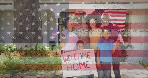Soldier Reuniting with Family Overlaid with American Flag Symbolism