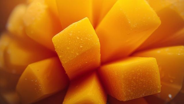 Close-up of Fresh Diced Mango with Water Droplets