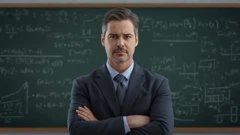 Educated Authority: Teacher in Suit Analyzing Chalkboard Formulas