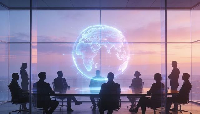 Exec team discussing global strategy around holographic globe in glass boardroom sunset