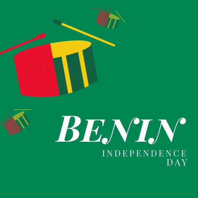Illustrative image of benin independence day text and drums with drumsticks on green background. copy space, vector, musical instrument, red, yellow, patriotism, celebration, freedom and identity.