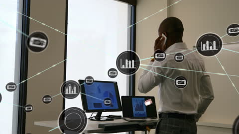 Business Executive Walking on Treadmill Desk with Digital Connections