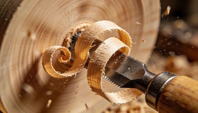Spiral wood shavings curling from chisel on lathe during woodturning