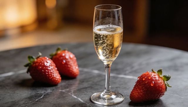 Slender champagne flute with bubbling sparkling wine and dewy strawberries on marble