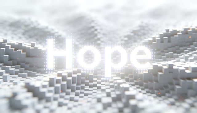 Glowing hope sign casting soft halo across 3d voxel landscape with floating orange sparks