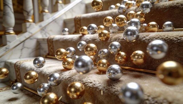 Cascading gold and silver reflective spheres rolling down plush marble stair runner