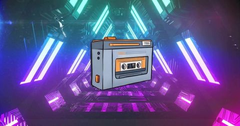 Floating retro cassette boombox in neon cyberpunk tunnel with synthwave lighting