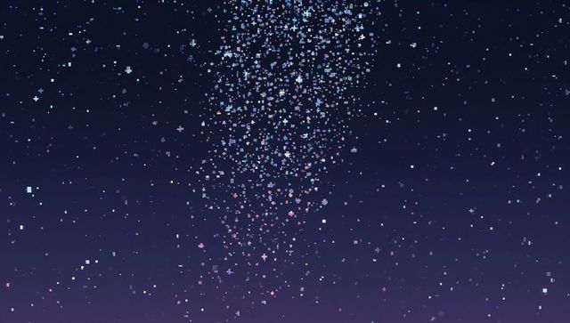 Vertical neon pixel stream flowing through deep navy to purple gradient with glowing plus particles