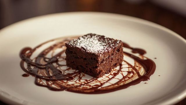 Fudgy brownie square sitting on white plate with powdered sugar and chocolate swirl