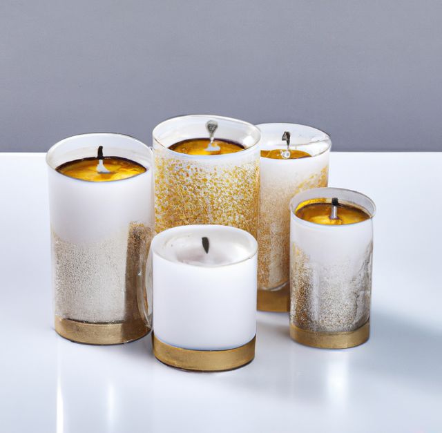 Elegant candle set with white and gold holders emits a warm, tranquil glow, appealing for relaxation and luxury home decor. Ideal for creating a calming ambiance in living rooms or bedrooms. Suitable for promoting spa and wellness services, romantic settings, or high-end interior decor businesses.